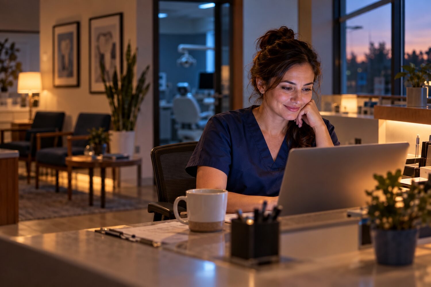 A dental practice owner at her reception desk after hours, calmly reading the day's website conversations on her laptop