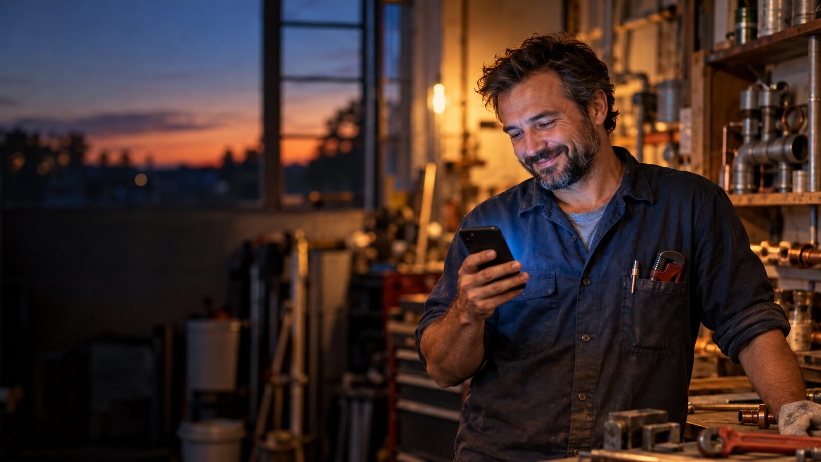 A plumber in his workshop at dusk, smiling at his phone after his website answered a customer for him